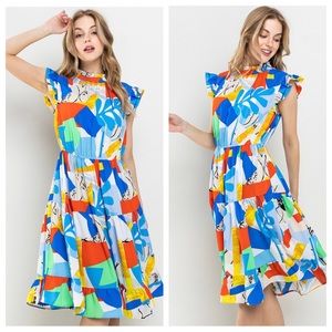 Beautiful Patterned Sleeveless Ruffle Neck Midi Dress